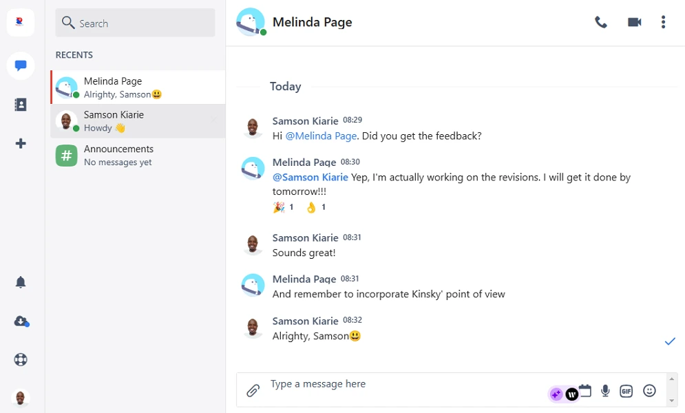 Chanty chats page showing one-on-one conversation